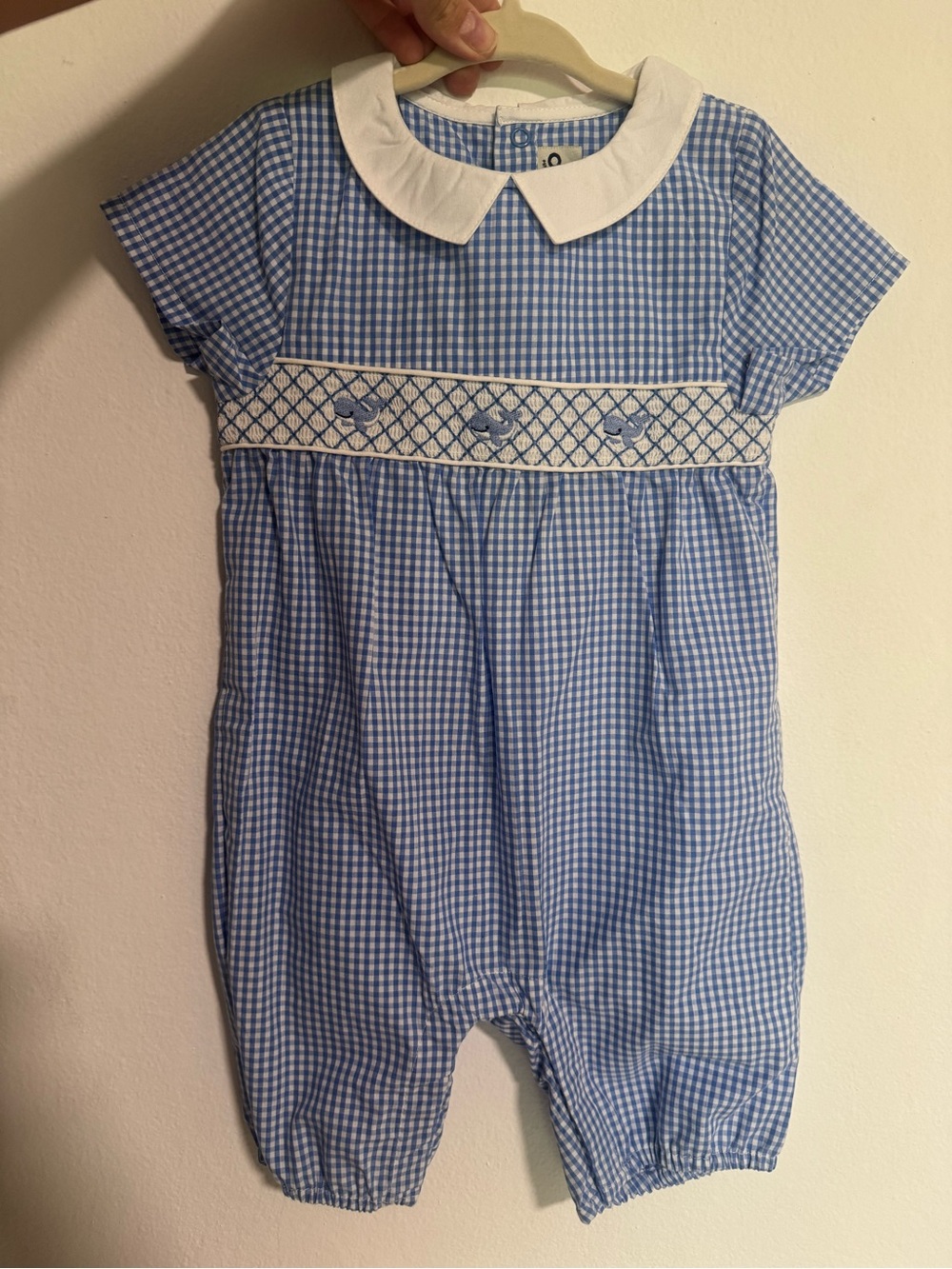 Blue Embroidered Gingham Peter Pan Collar Whale Baby Romper